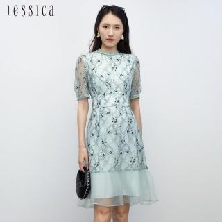 【JESSICA】花卉蕾絲拼接歐根紗魚尾裙擺短袖洋裝23327F