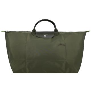 【LONGCHAMP】LE PLIAGE GREEN系列刺繡短把再生尼龍摺疊旅行袋(中/森林綠)