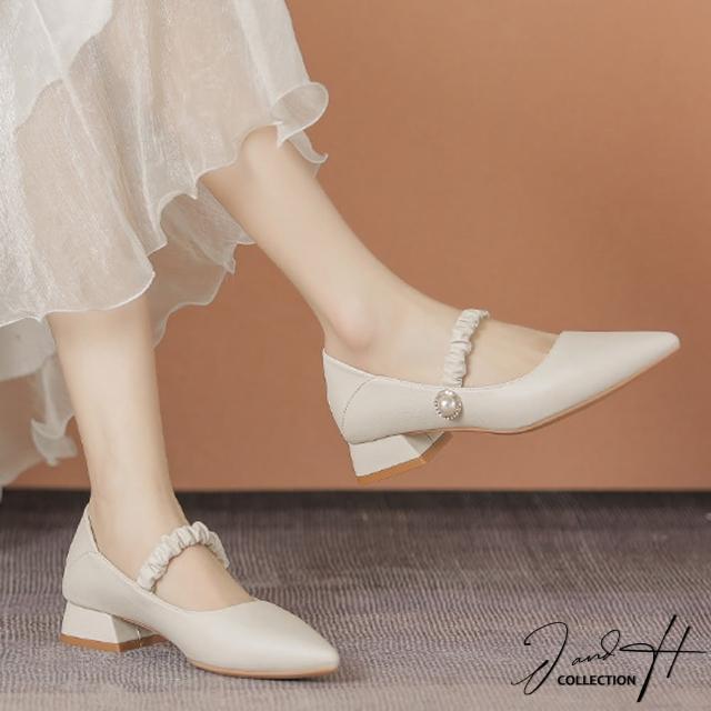 【J&H collection】韓版新款珍珠釦真皮粗跟鞋(現+預 杏色 / 黑色)