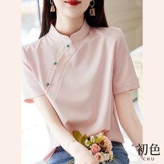 【初色】典雅中國旗袍唐裝短袖寬鬆立領襯衫上衣-粉紅色-68410(M-2XL可選)