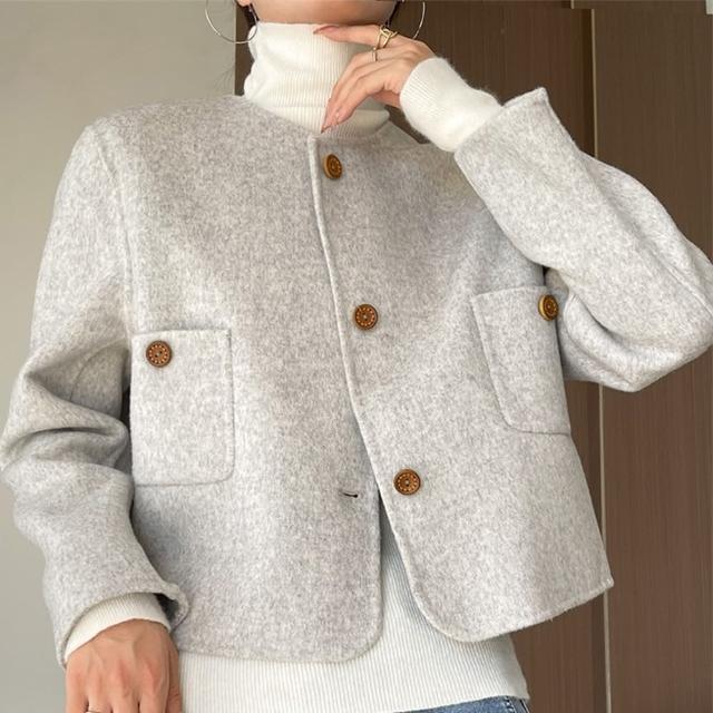 【巴黎精品】毛呢大衣羊毛外套(圓領短版寬鬆純色女外套2色v1al37)