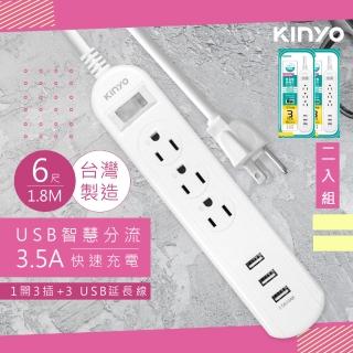 【KINYO】6呎1.8M延長線3P1開3插3USB快充3.5A/CGU313-6/2入組(台灣製造‧新安規)