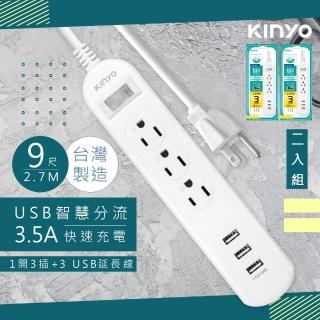 【KINYO】9呎2.7M延長線3P1開3插3USB快充3.5A/CGU313-9/2入組(台灣製造‧新安規)
