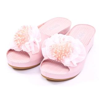 【ee9】迷人視覺立體花朵微圓頭內增高休閒拖鞋-粉色-5048067 43(厚底拖鞋)