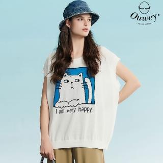 【OUWEY 歐薇】酷帥貓咪緹花寬鬆連袖針織上衣(白色；S-M；3232165012)