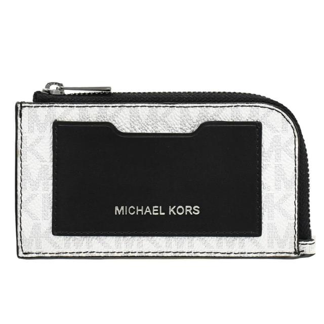 【Michael Kors】經典滿版MK LOGO印花拼接信用卡零錢包(白黑)