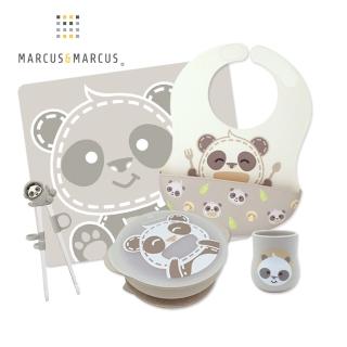 【MARCUS&MARCUS】兒童學習餐具豪華5件組-貓熊款(圍兜+學習筷+吸盤碗含蓋+訓練杯+餐墊)