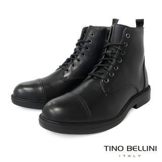 【TINO BELLINI 貝里尼】男款 牛皮簡約橫飾繫帶側拉鍊短靴HM6O005