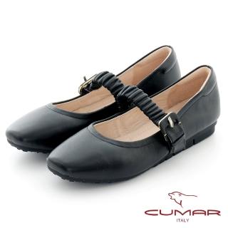 【CUMAR】時髦小方頭蓬鬆皺褶腳背帶瑪莉珍平底鞋(黑色)