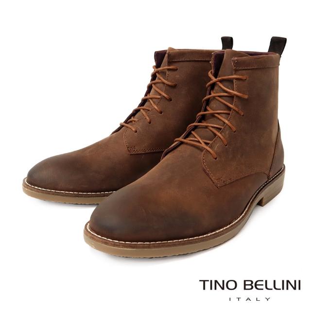 【TINO BELLINI 貝里尼】男款 牛皮粗曠咖啡棕擦色繫帶短靴HM5T011
