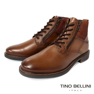 【TINO BELLINI 貝里尼】男款 牛皮繫帶雙拉鍊拼接短靴HM6T010