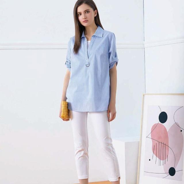 【JIN HWA 今譁】純棉捲邊袖藍白條紋襯衫Q6031(純棉 捲邊袖 藍白條紋 襯衫)