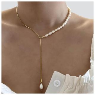 【HaNA 梨花】韓國別緻抽拉設計．半蛇骨珍珠項鍊