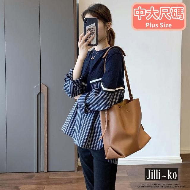 【JILLI-KO】韓版寬鬆連帽襯衫拼接衛衣-L(藍)