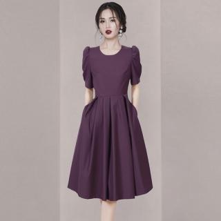 【米蘭精品】洋裝 連身裙(嫣紫色復古赫本圓領泡泡袖連衣女裙子74ef9)