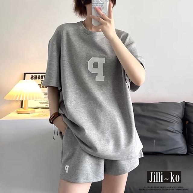 【JILLI-KO】兩件套短袖字母運動休閒套裝-F(灰/白)