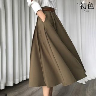 【初色】法式簡約腰帶高腰百褶西裝傘裙-咖啡色-66617(M-XL可選)