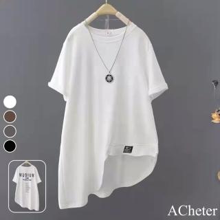 【ACheter】大碼寬鬆顯瘦圓領不規則字母貼布短袖t恤中長版上衣#116226(4色)