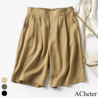 【ACheter】立體剪裁鬆緊高腰顯瘦天絲質感闊腿五分褲西裝短褲#116155(3色)