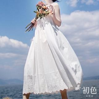 【初色】清涼感圓領細肩吊帶無袖刺繡長裙洋裝-白色-68440(M-2XL可選)