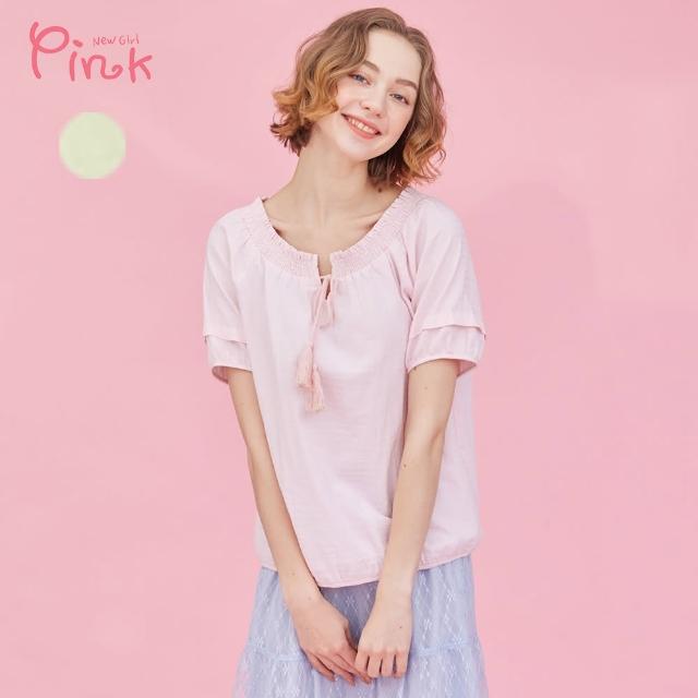 【PINK NEW GIRL】氣質前流蘇綁結短袖上衣 L2206HD(2色)
