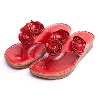 【ee9】迷人視覺立體花朵牛皮微圓頭厚底拖鞋-紅色-5459932 40(厚底拖鞋)