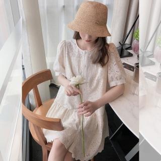 【BBHONEY】仙女氣質 洋裝 寬鬆鉤花鏤空蕾絲連衣裙(網美熱搜款)