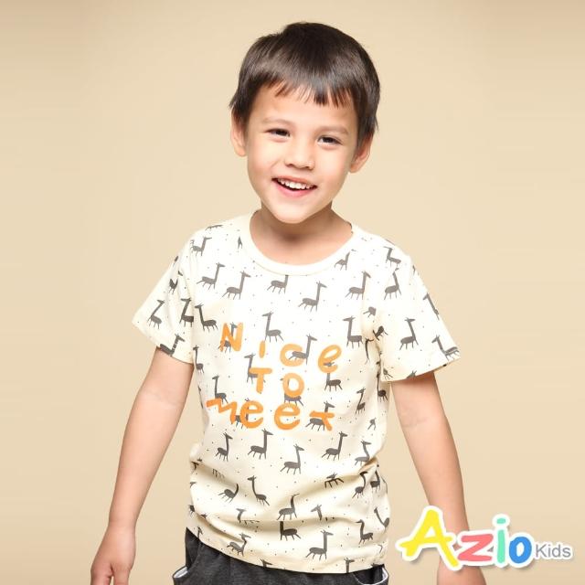 【Azio Kids 美國派】男童 上衣 滿版動物剪影字母印花短袖上衣T恤(米黃)