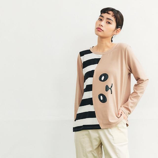 【Dailo】大熊貓條紋拼接舒適長袖上衣(白 咖 紫)