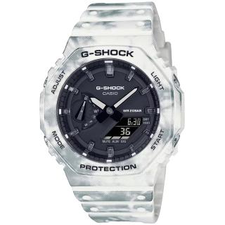 【CASIO 卡西歐】G-SHOCK 八角錶殼耐衝擊運動雙顯腕錶/白x黑面(GAE-2100GC-7A)