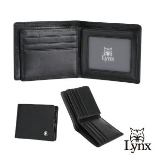 【Lynx】美國山貓十字紋精選牛皮中間翻拉鍊短夾(黑色)