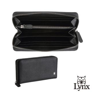 【Lynx】美國山貓十字紋精選牛皮加厚拉鍊長夾(黑色)