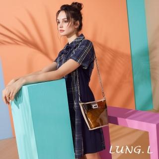 【LUNG.L 林佳樺】LM43H 藍色格紋拼接短袖洋裝(女裝 洋裝 棉質)