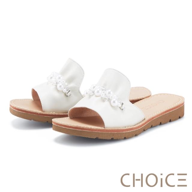 【CHOiCE】優雅珍珠白鑽真皮平底拖鞋(白色)