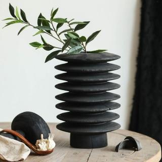 【JEN】日系侘寂風黑色波紋實木花瓶花器擺飾高39cm