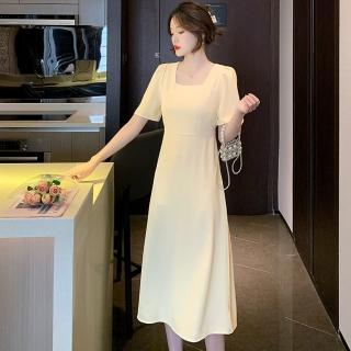 【Dorri】玩美衣櫃清新簡約方領純色高腰雪紡洋裝S-XL(共三色)