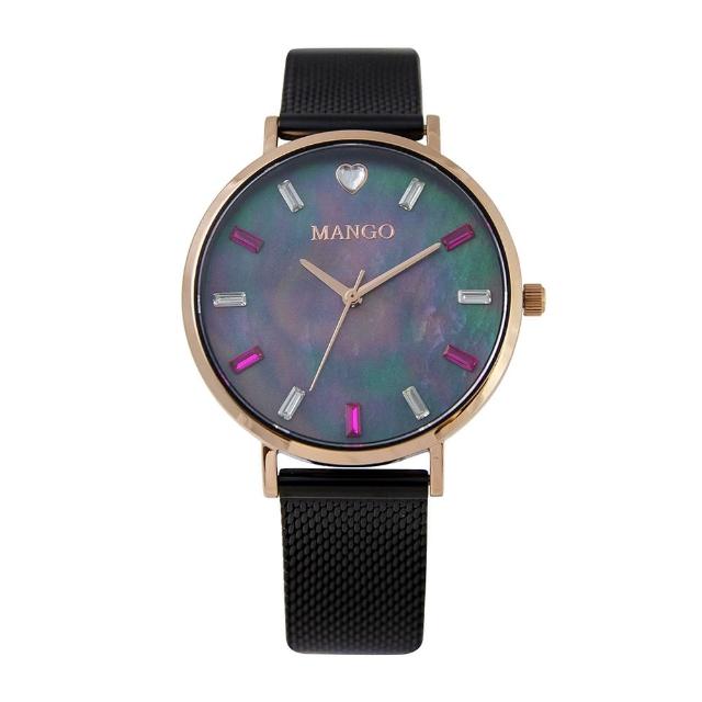 【MANGO】甜美繽紛晶鑽時尚米蘭腕錶-MA6770L-BK-H(玫瑰金x黑色/36mm)