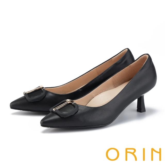 【ORIN】造型飾釦真皮尖頭中跟鞋(黑色)
