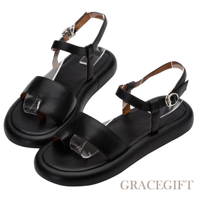 【Grace Gift】玄玄聯名-俏皮文青寬帶套趾涼鞋(黑)