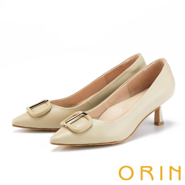 【ORIN】造型飾釦真皮尖頭中跟鞋(黃色)