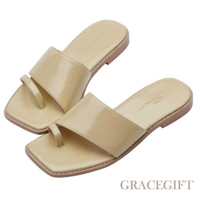 【Grace Gift】玄玄聯名-知性小姐不對稱套趾平底拖鞋(淺黃)