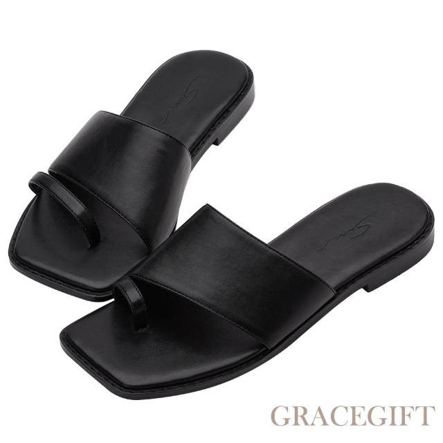 【Grace Gift】玄玄聯名-知性小姐不對稱套趾平底拖鞋(黑)