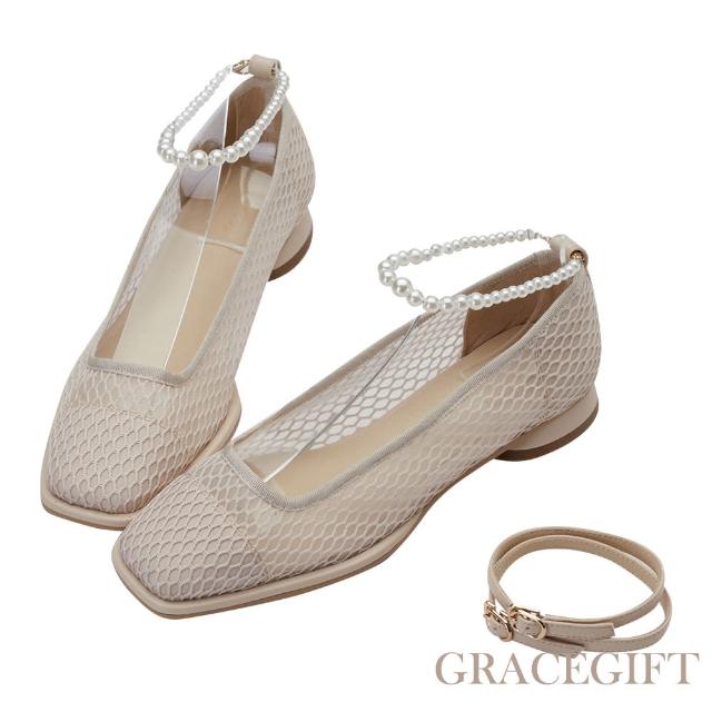 【Grace Gift】玄玄聯名-哲學系女孩雙繫帶網紗低跟鞋(杏)