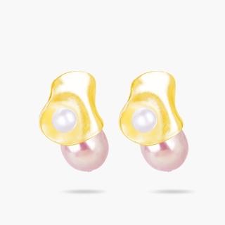 【Olivia Yao Jewellery】粉色凝珠純銀天然雙珍珠耳環 925純銀耳針(Mus☆e Edition)