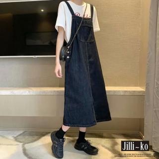 【JILLI-KO】復古中長款牛仔可調整開扣吊帶裙-F(深藍)