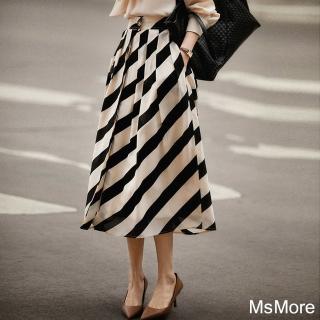 【MsMore】法式摩登黑白條紋百褶絲質高腰長裙#116336(杏色)
