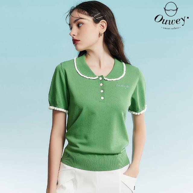 【OUWEY 歐薇】俏甜品牌字母刺繡造型針織上衣(綠色；S-L；3232065003)