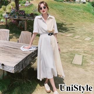 【UniStyle】現貨 拼接短袖洋裝 設計感顯瘦襯衫裙 女 ZM215-L809(圖片色)