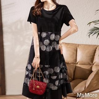 【MsMore】時尚拼接網紗印花顯瘦連身裙短袖長版洋裝#116251(黑色)