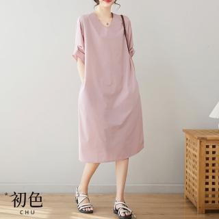 【初色】清涼感寬鬆圓領休閒口袋設計五分短袖連身中長裙洋裝-淺粉色-68534(M-2XL可選)